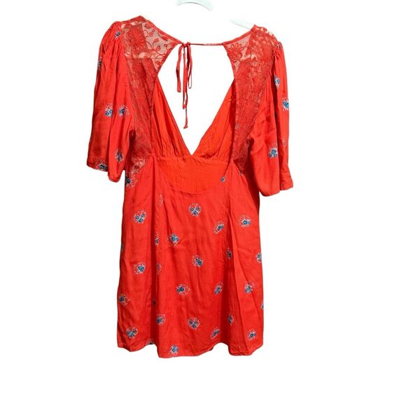🌺NEW Free People Mockingbird Coral Red Floral Print Backless Mini Dress Sz 6 - Picture 3 of 14
